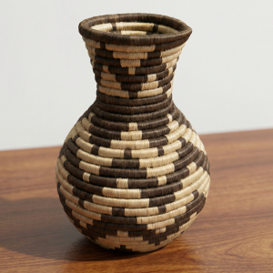 Handmade Sisal Basket Vase in Tan,Black with Wavy Design