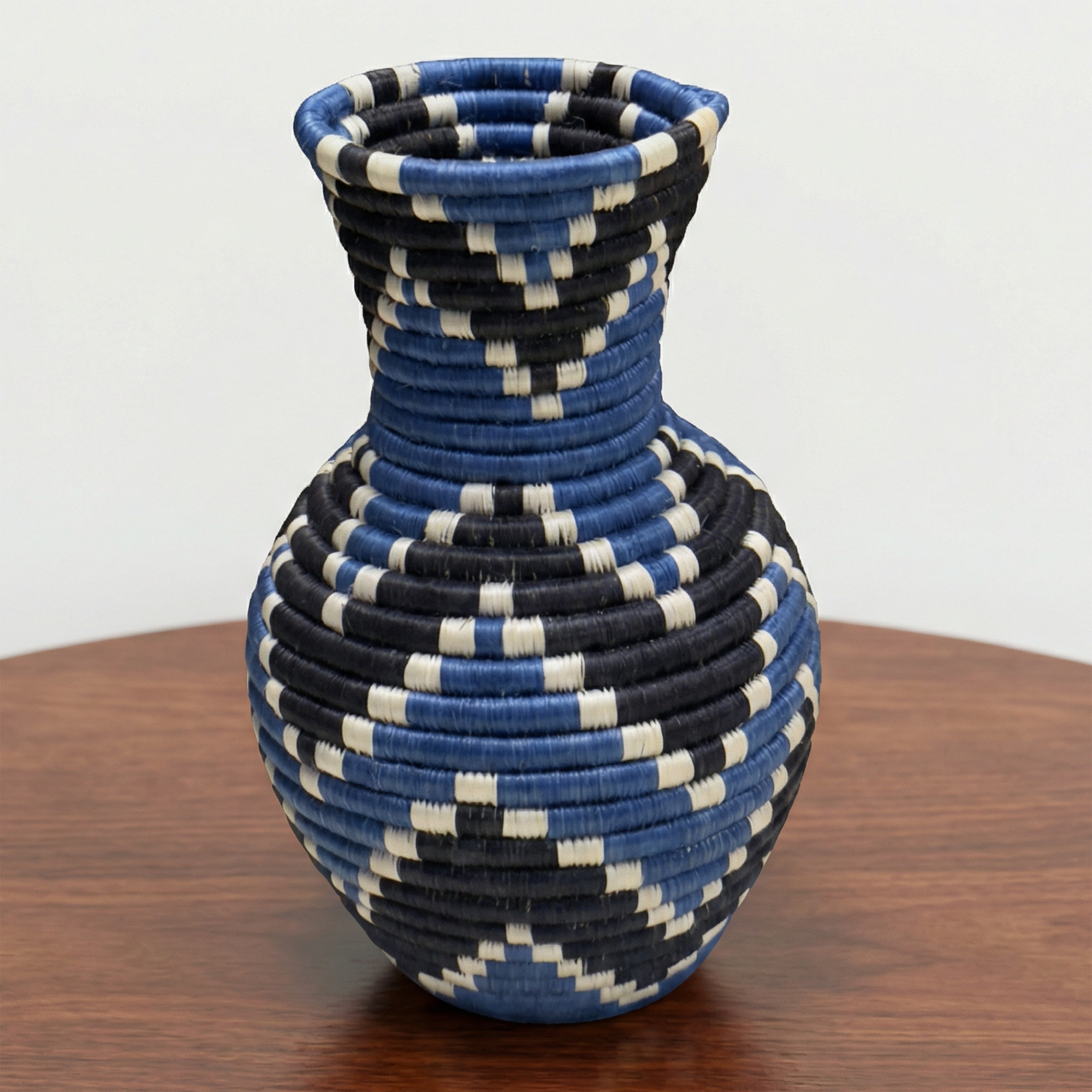 Handwoven Sisal Floral Vase in Blue, Black and Natural