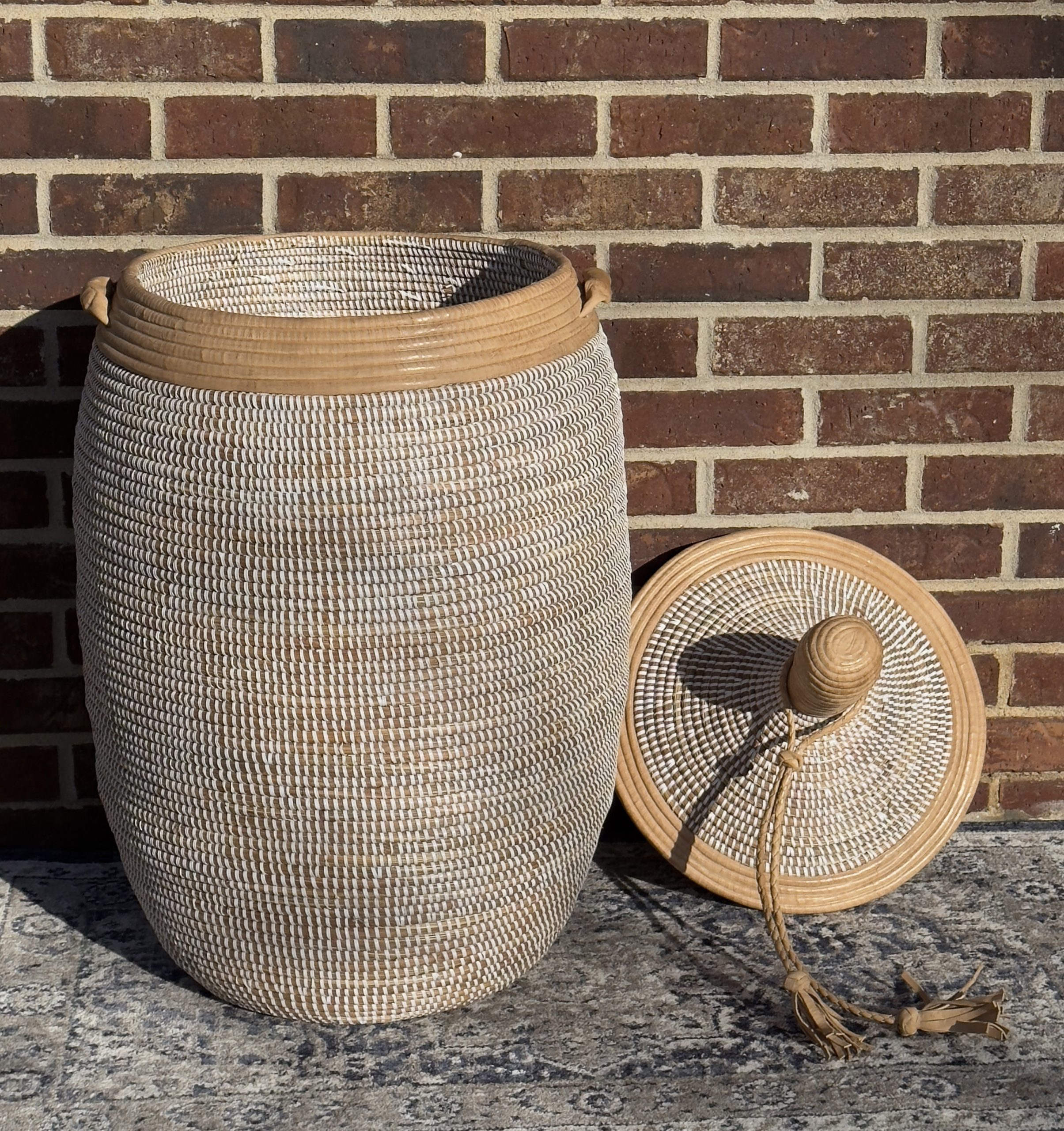 Vibrant Woven Extra-large Senegalese Laundry Hamper Storage Basket with Tan Leather Trim - Image 4