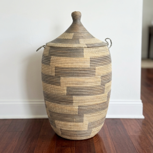 Handwoven X Large Senegalese Floor Storage and Laundry Hamper in Silver Grey, Cream