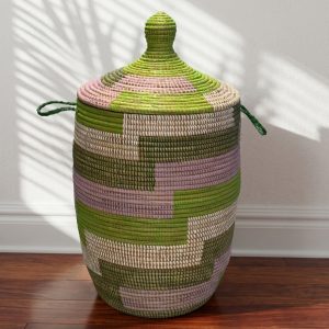 Handwoven Large Senegalese Floor Storage and Laundry Baskets in Green and Lavendar