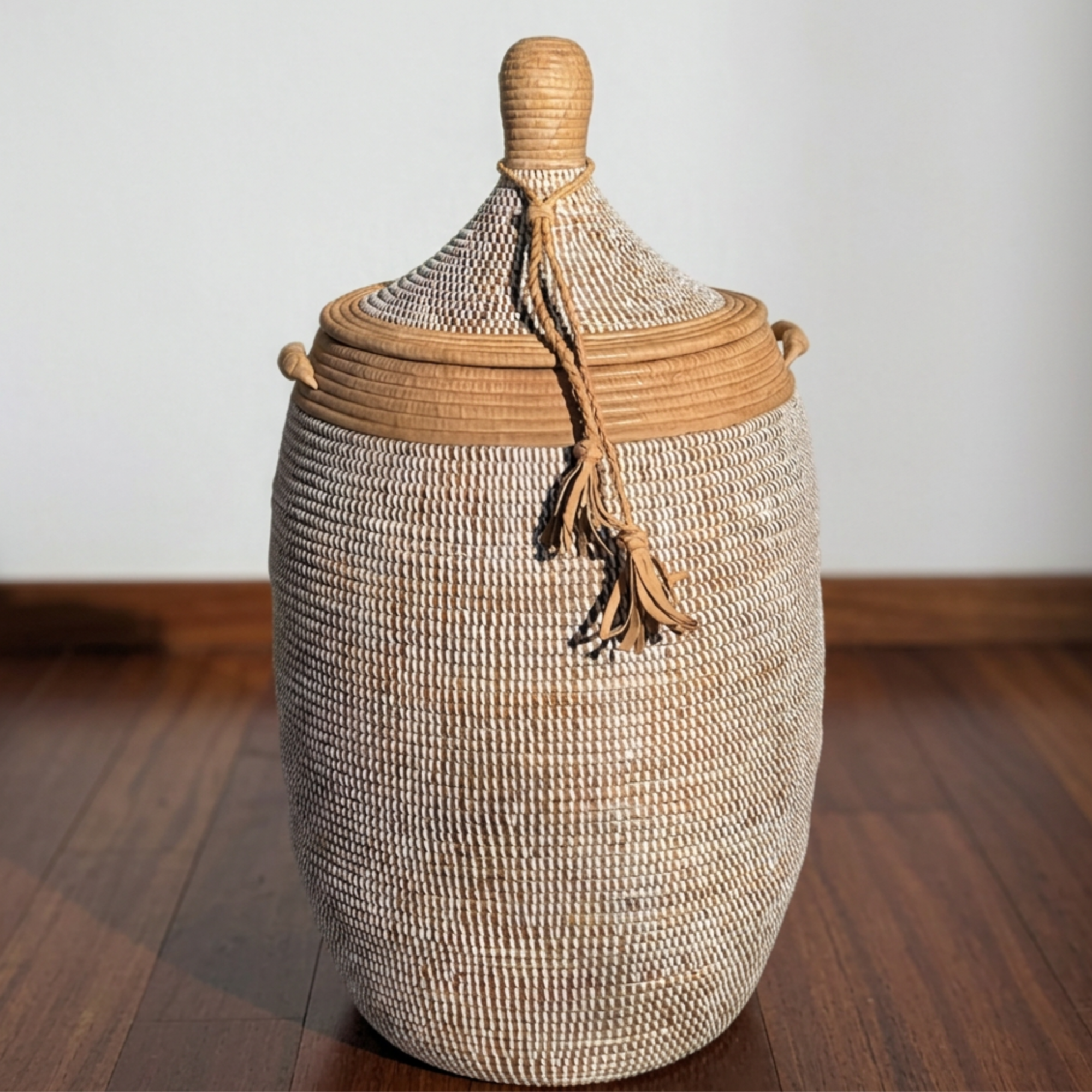 Vibrant Woven Extra-large Senegalese Laundry Hamper Storage Basket with Tan Leather Trim