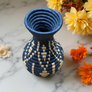 Handwoven Sisal Basket Vase, Blue and Natural Sisal