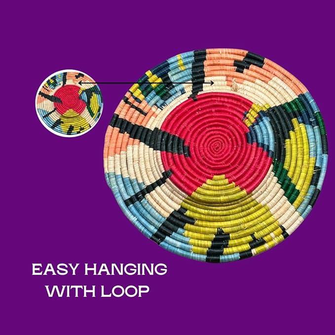 Handwoven Raffia Wall Plate in Red, Peach, Blue - Various Sizes - Image 6