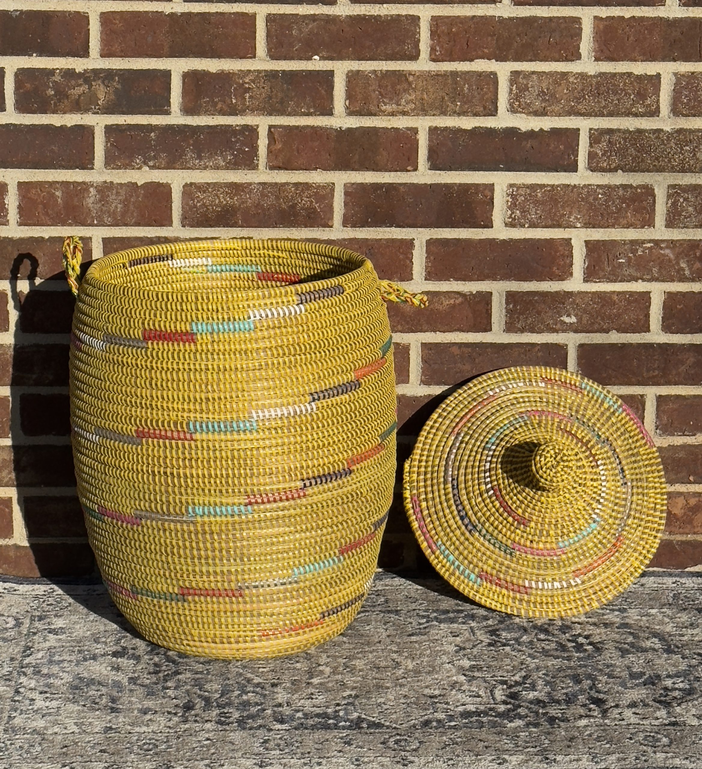 Vibrant Woven Extra-large Senegalese Laundry Hamper Storage Basket in Yellow and White - Image 4