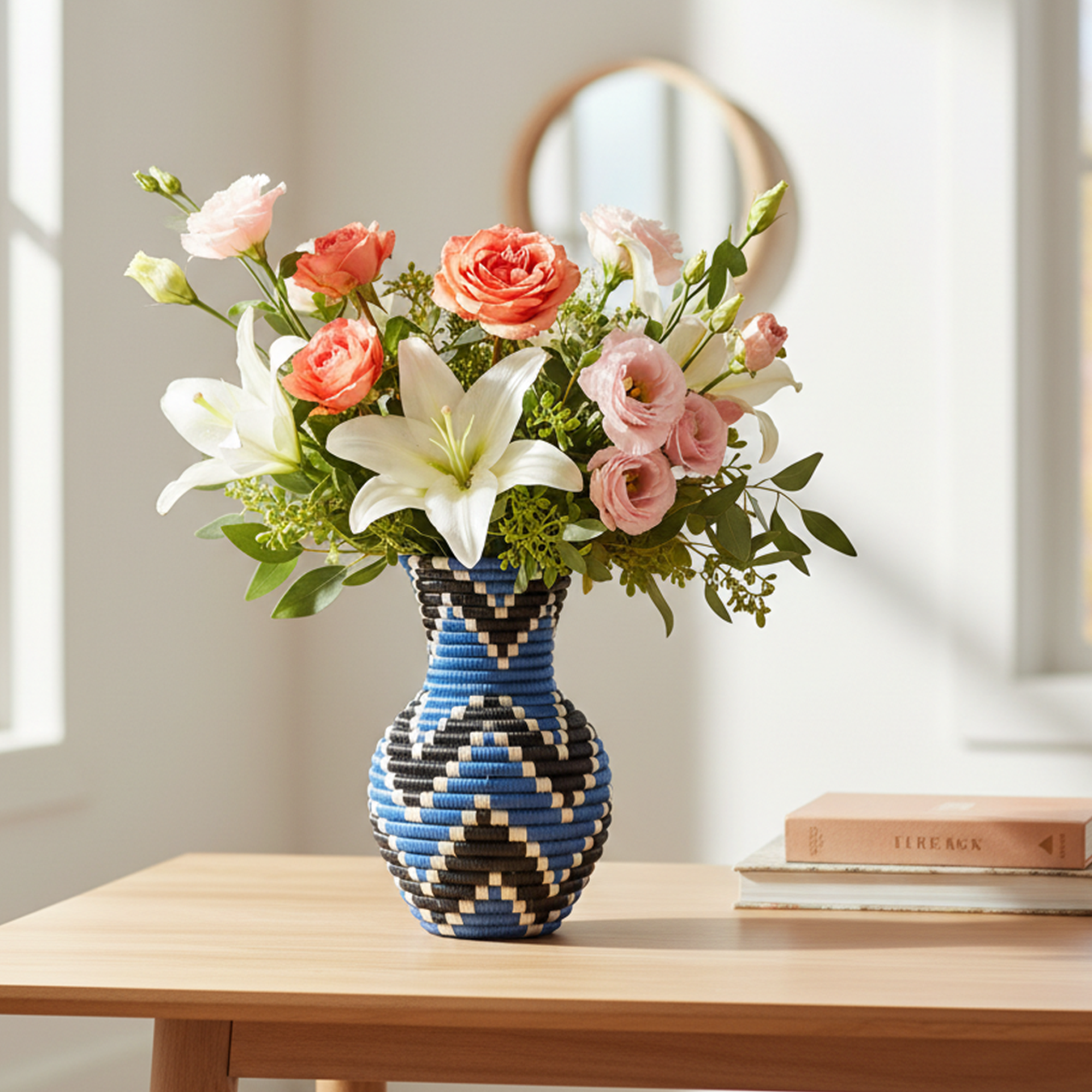 Handwoven Sisal Floral Vase in Blue, Black and Natural - Image 7