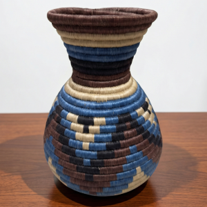 Handwoven Sisal Floral Vase in Blue, Brown and Tan