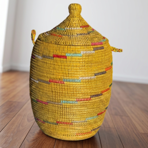 Vibrant Woven Extra-large Senegalese Laundry Hamper Storage Basket in Yellow and White