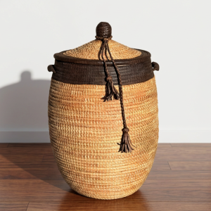 Vibrant Woven Extra-large Senegalese Laundry Hamper Storage Basket with Brown Leather Trim