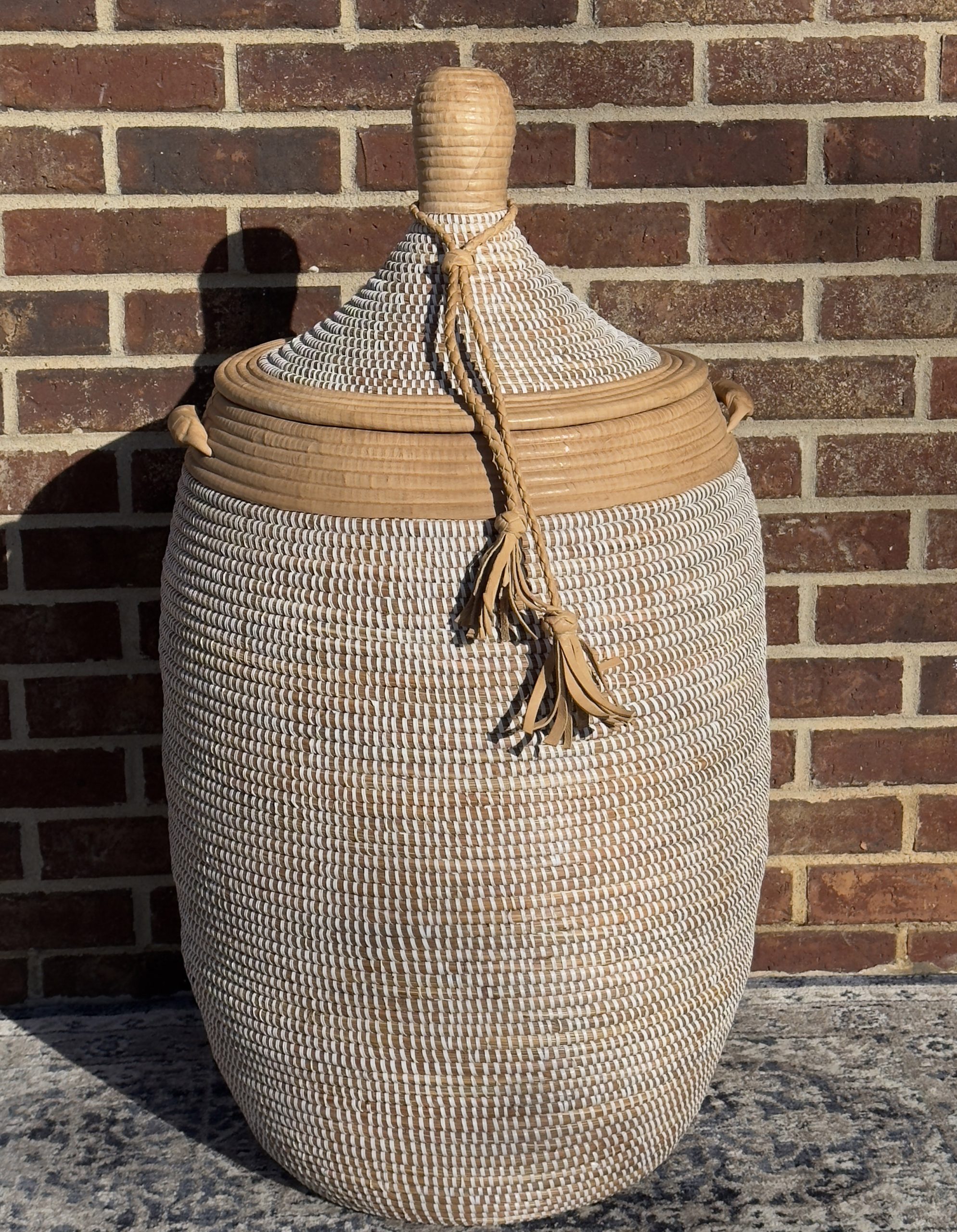 Vibrant Woven Extra-large Senegalese Laundry Hamper Storage Basket with Tan Leather Trim - Image 2