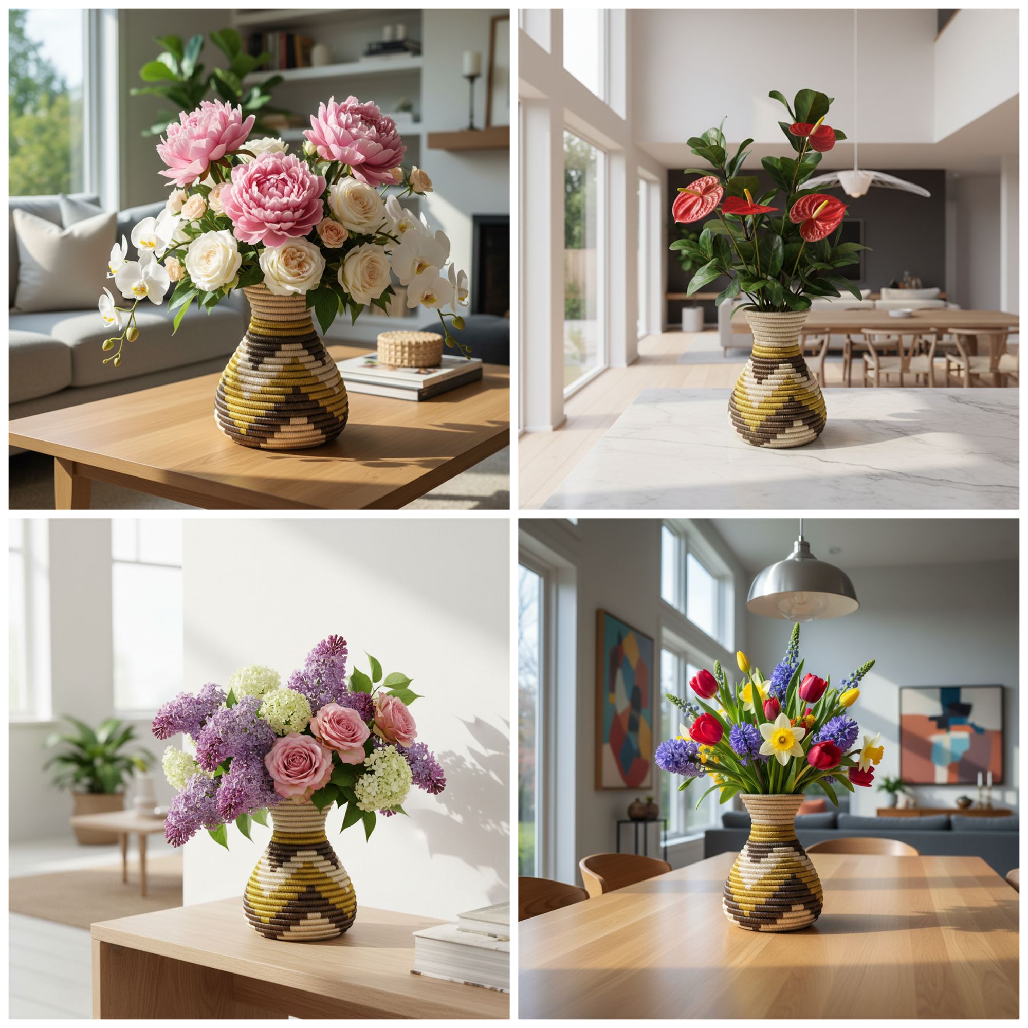 Handwoven Sisal Floral Vase in Tan , Yellow and Brown - Image 5