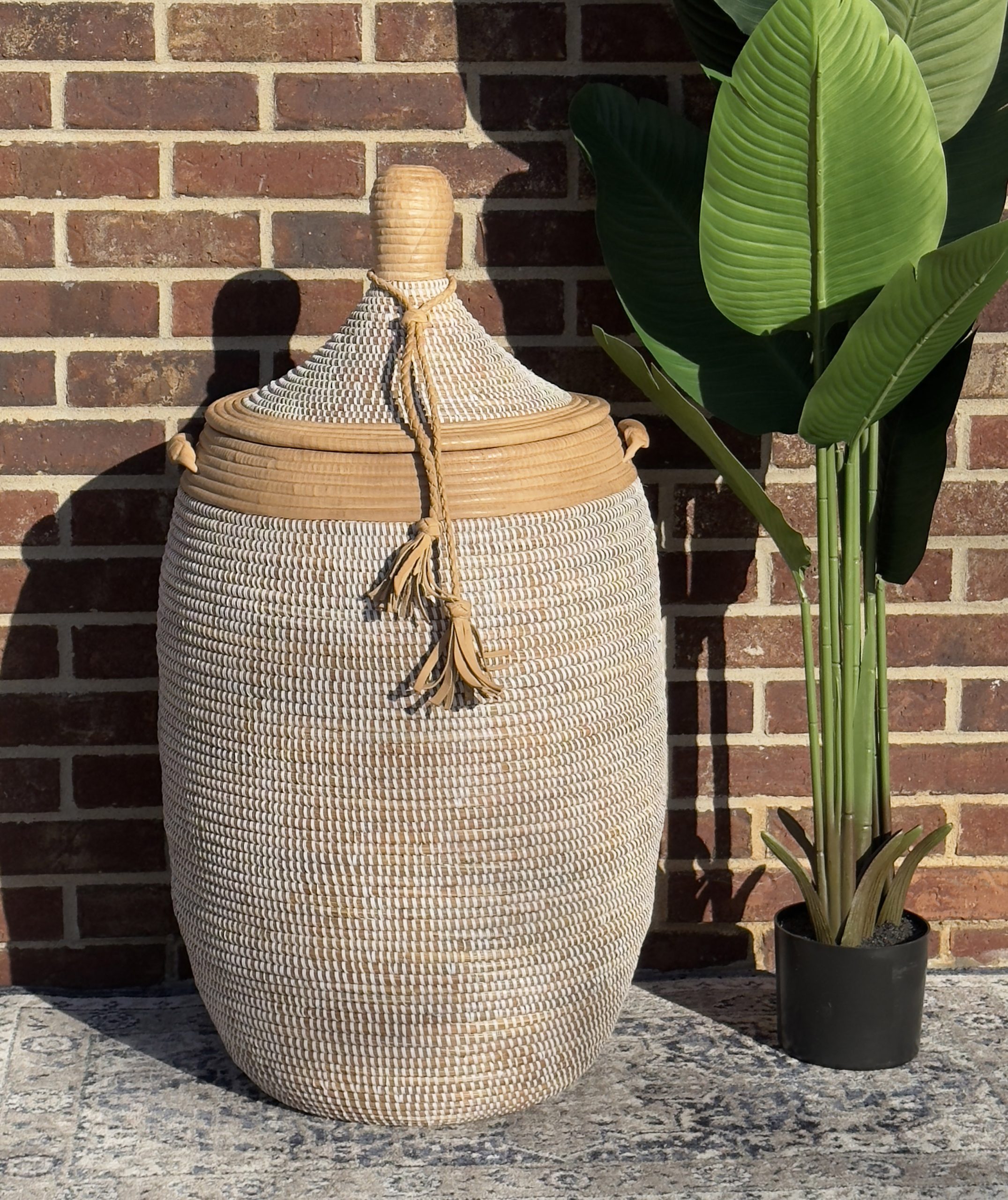 Vibrant Woven Extra-large Senegalese Laundry Hamper Storage Basket with Tan Leather Trim - Image 3