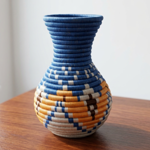 Handwoven Sisal Basket Vase in , Blue, Orange, Tan with Floral Design