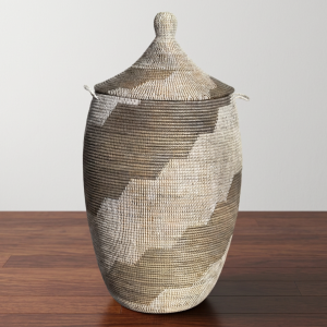 Vibrant Woven Extra-large Senegalese Laundry Hamper Storage Basket in Silver and White