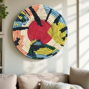 Handwoven Raffia Wall Plate in Red, Peach, Blue - Various Sizes