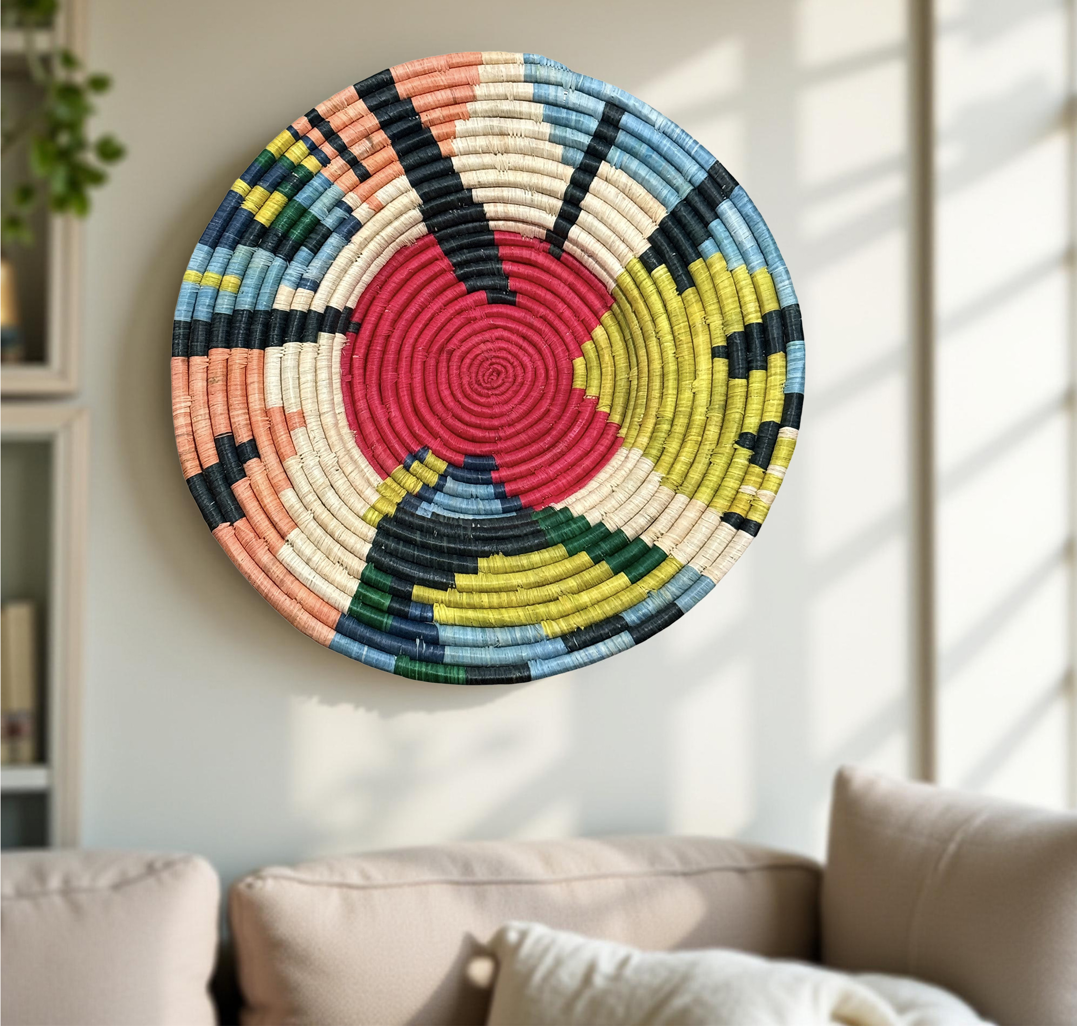 Handwoven Raffia Wall Plate in Red, Peach, Blue - Various Sizes