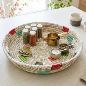 Colorful Handwoven Senegalese Round Basket Trays, Tabletop Center Piece with handles, Various Colors