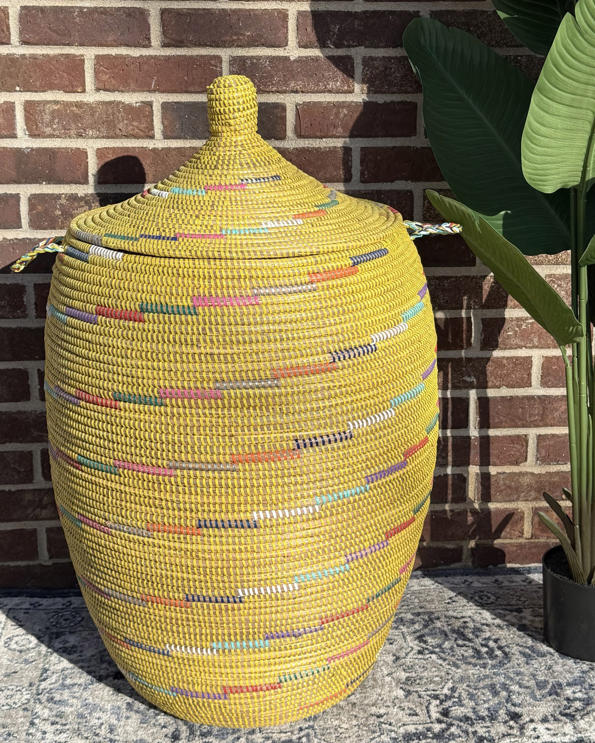 Vibrant Woven Extra-large Senegalese Laundry Hamper Storage Basket in Yellow and White - Image 3