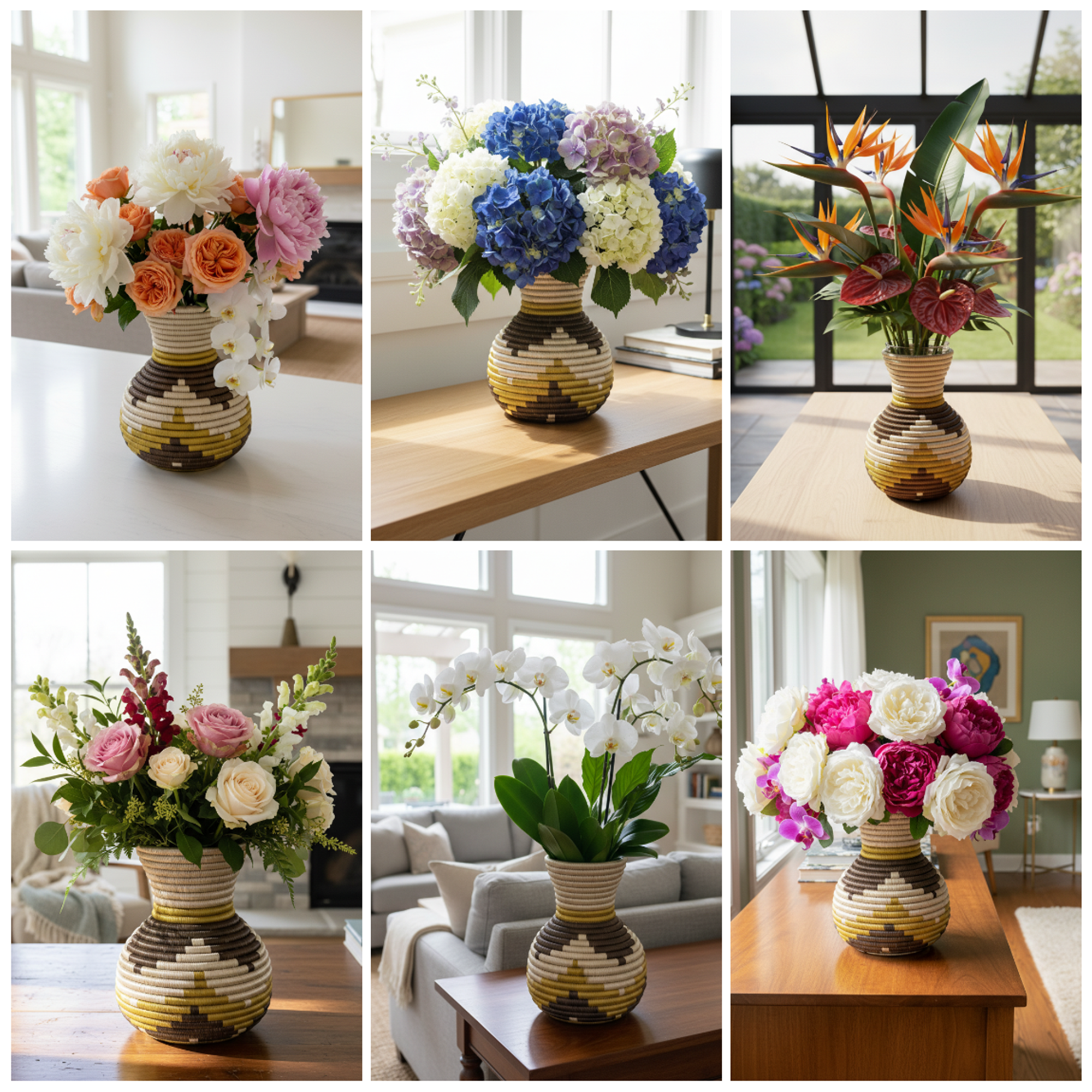Handmade Sisal Floral Vase in Tan, Yellow, Brown Floral Design - Image 5