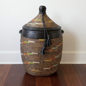 Vibrant Woven Senegalese Laundry Hamper Storage Basket in Rainbow with Black Leather Trim