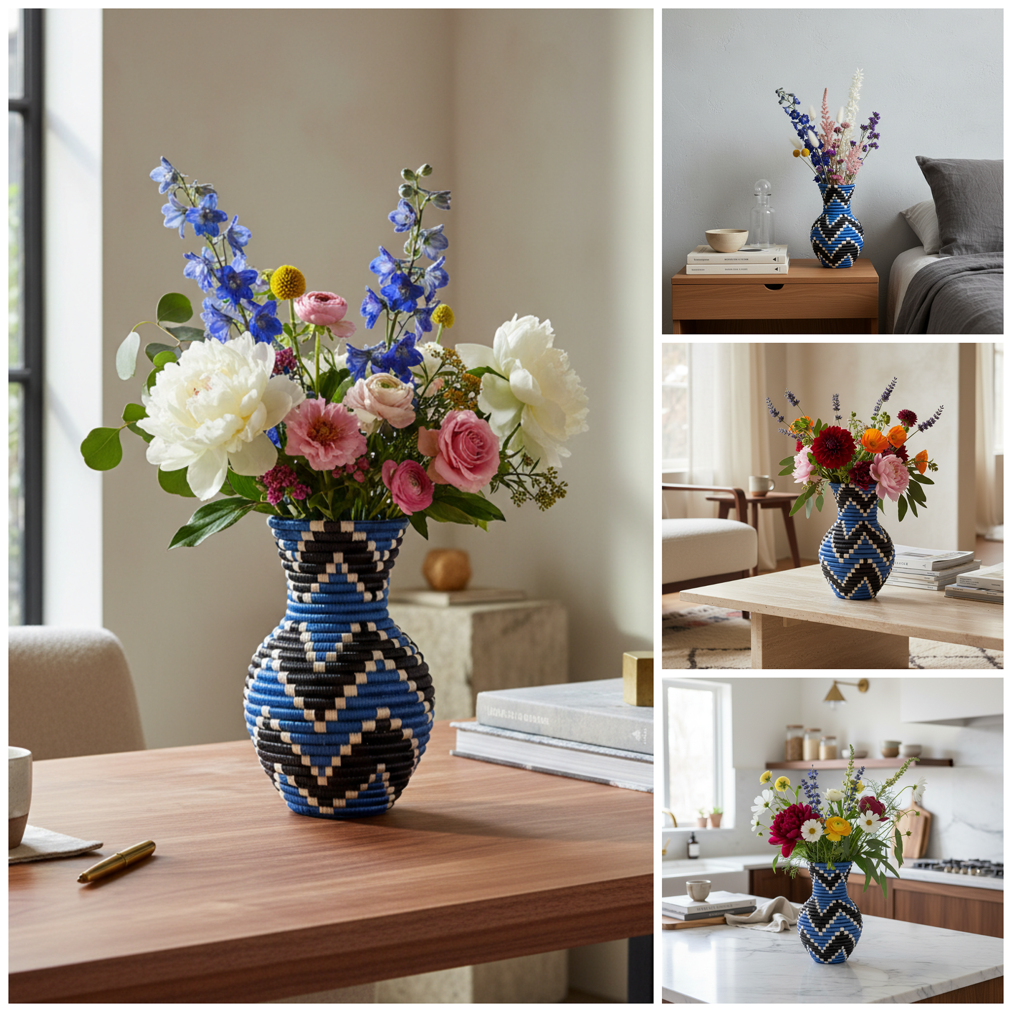 Handwoven Sisal Floral Vase in Blue, Black and Natural - Image 6