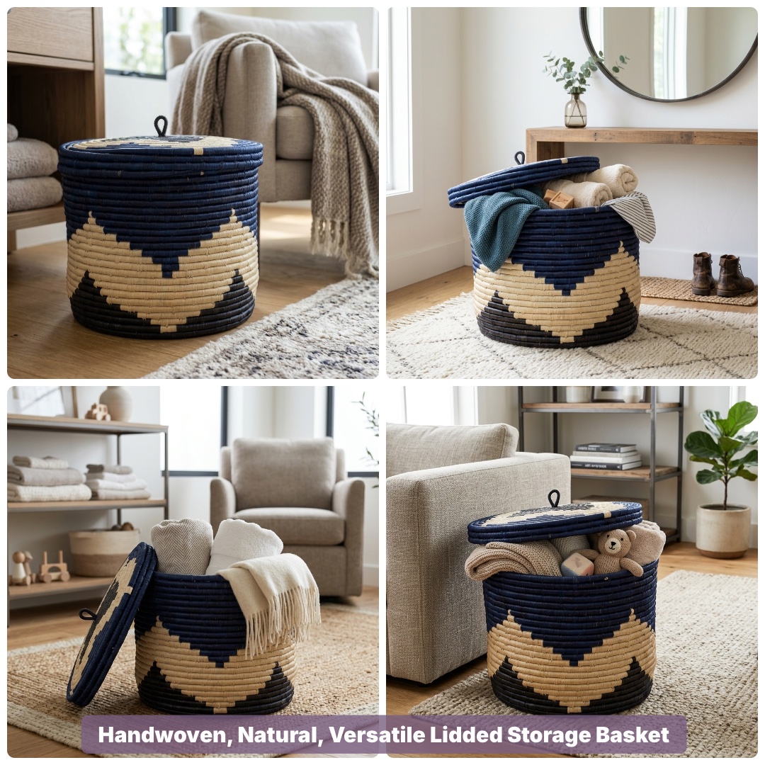 Vintage Handwoven All-Natural Raffia Storage Basket with Lid in Natural, Blue Black - Various Sizes - Image 5