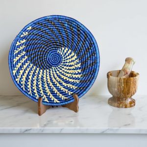 Handwoven African Raffia Basket Bowls in Blue, Black, Natural - Various Sizes